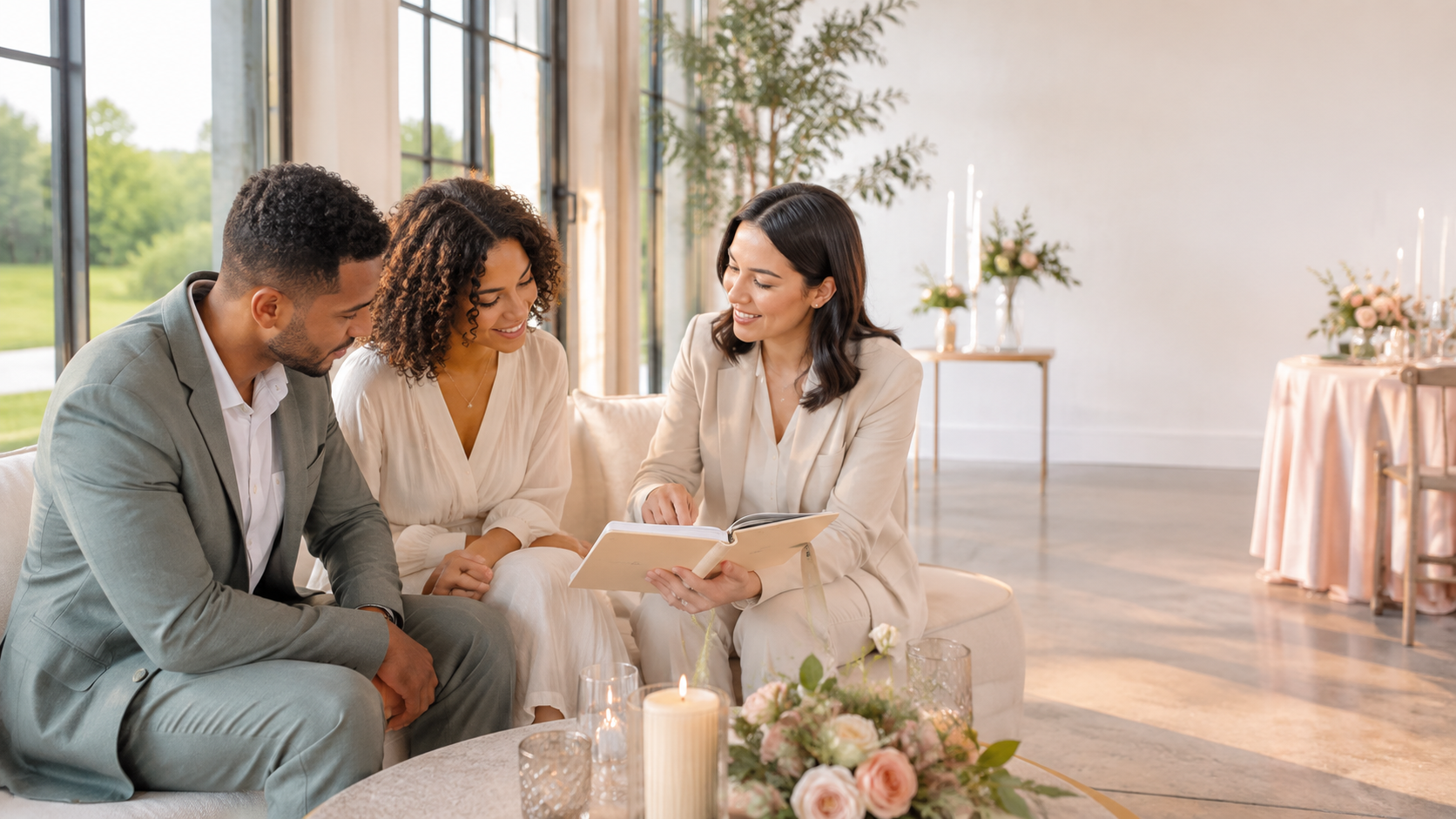 A couple and event planner reviewing a wedding plan together